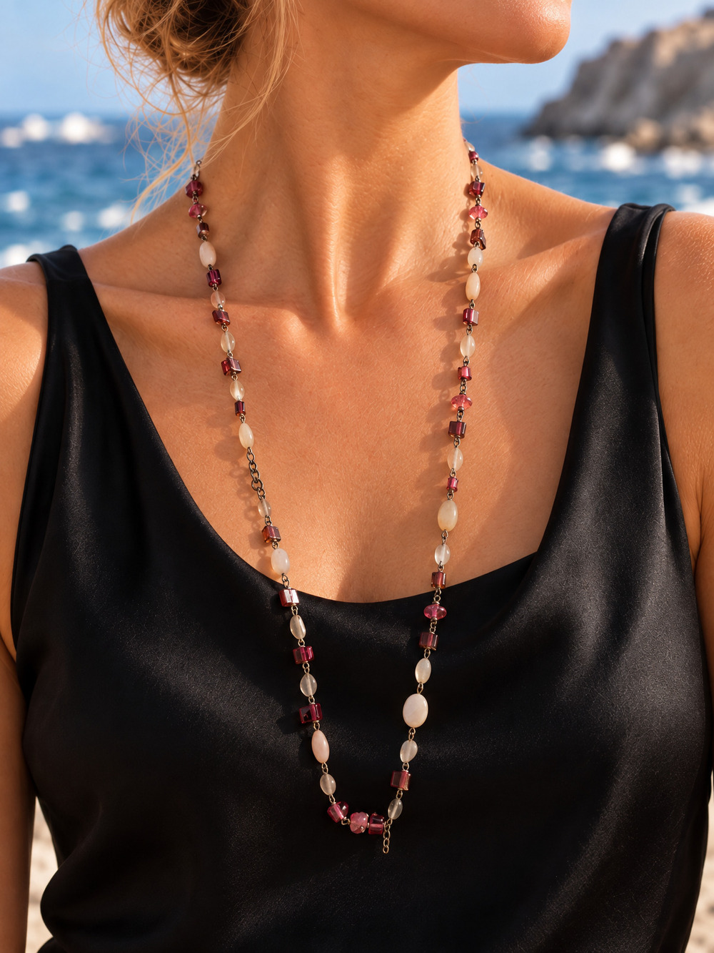 ⚜️ Beaded Station Necklace | Burgundy & Cream Glass | Long 💗